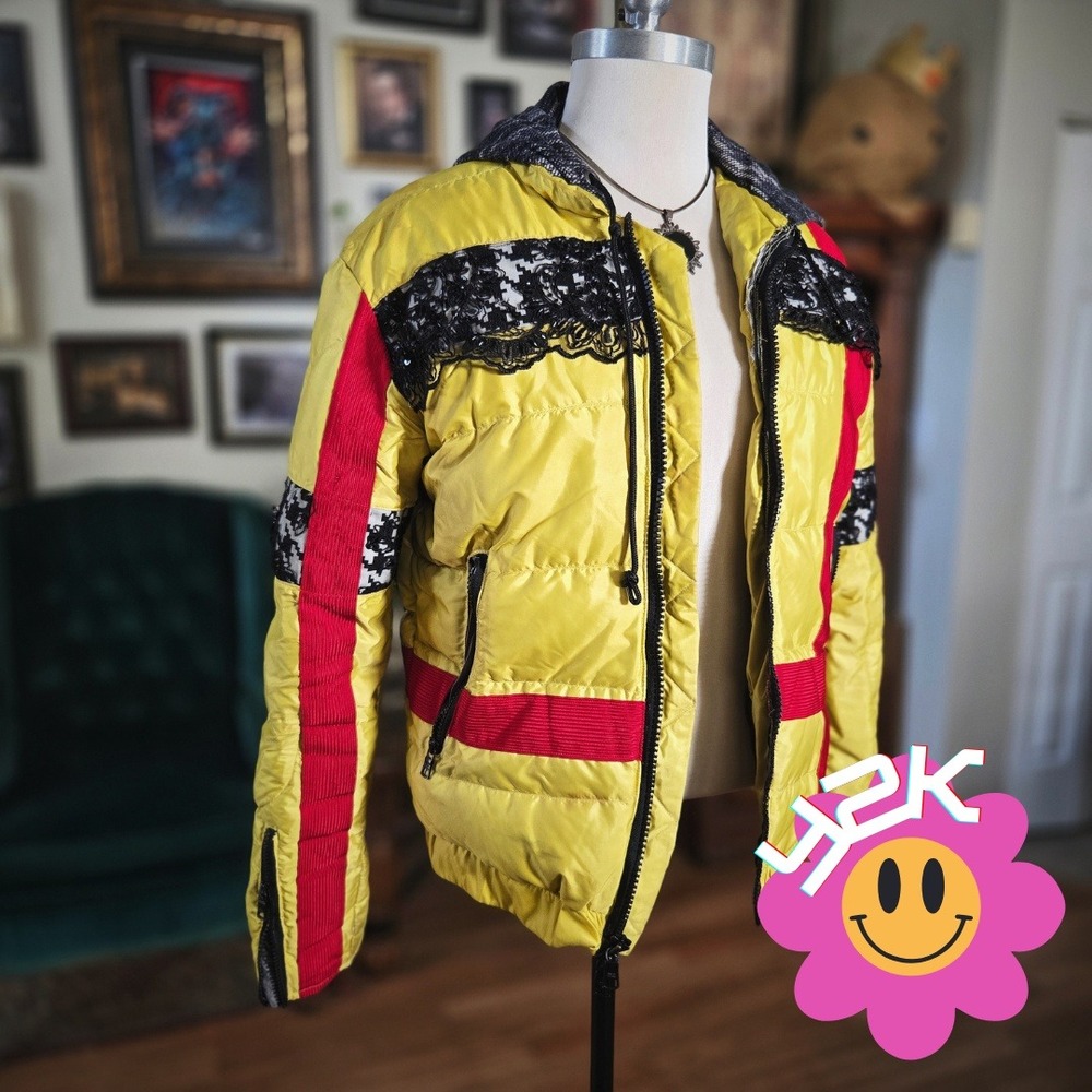 Vintage Y2K Yellow Puffer Beaded Lace Jacket with Red‎ Racing Stripes Coat